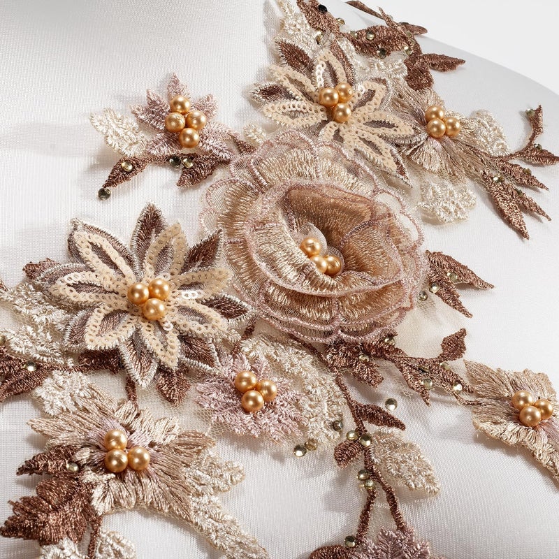 Silvora 3D Embroidered Flower Fabric Beaded Pearl Lace Applique, Handmade Sewing Tool for DIY Wedding Bridal Dress Floral Costume Patch Decor(Gold) - Image 2